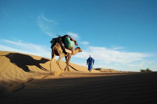 a man walking with a camel in the desert at Kasbah Ziwana - Guesthouse in Zagora