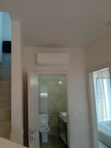a bathroom with a toilet and a sink and a mirror at GN summer guest house P in Leptokarya