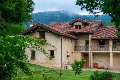 une grande maison avec une montagne en arrière-plan dans l'établissement Wild Adelasia - Cascina Sarvaglioni, à Ferrania