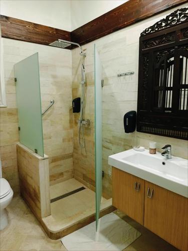 a bathroom with a shower and a sink and a toilet at El Patio Courtyard House in Tunis