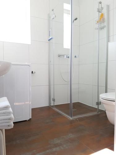 a bathroom with a shower and a toilet at Reschbergerhof Appartements by Geierspichler in Anif