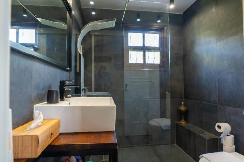 a bathroom with a white sink and a shower at Villa Stagiates in Stagiates