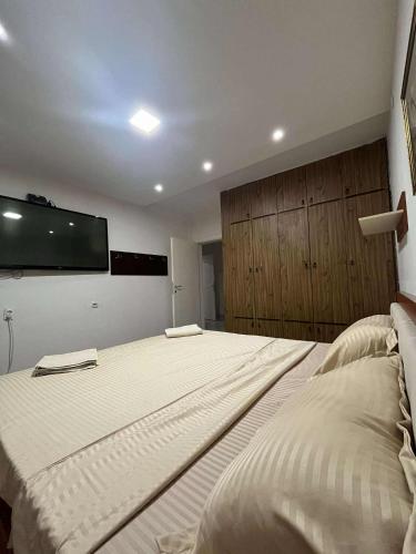a bedroom with a large bed with a tv on the wall at Stella 3 Apartment in Negotino