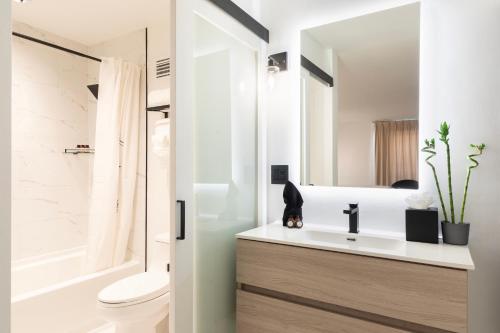 a bathroom with a sink and a toilet and a mirror at The Vietta Hotel in Kissimmee