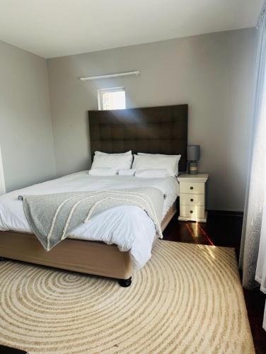 a bedroom with a large bed and a rug at Stay At 7 Self-Catering Apartment in Pietermaritzburg