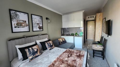 una piccola camera da letto con un letto e una cucina di Ski In Ski Out Tiamo apartment 402 at Gudauri Loft Hotel a Gudauri