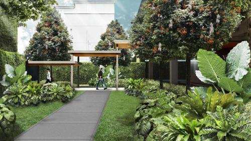 a rendering of a garden with trees and plants at voco Bangkok Surawong by IHG in Bangkok