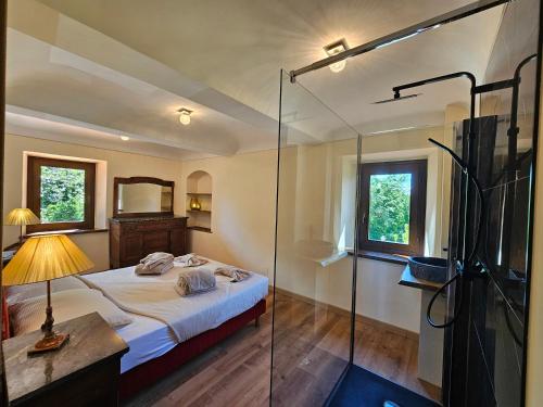 a bedroom with a bed and a glass shower at Villa Fonte in Ferrere