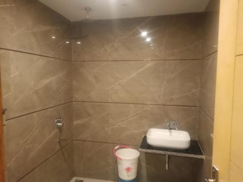 a small bathroom with a sink and a shower at S R M Hotel Grand Shiva Just a Minute Away From New Delhi Railway Station and V F S Sivaji Stadium Metro Station in New Delhi