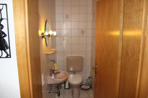 un piccolo bagno con un water e un lavandino di Ferienwohnung Familie Schaefer a Schmallenberg