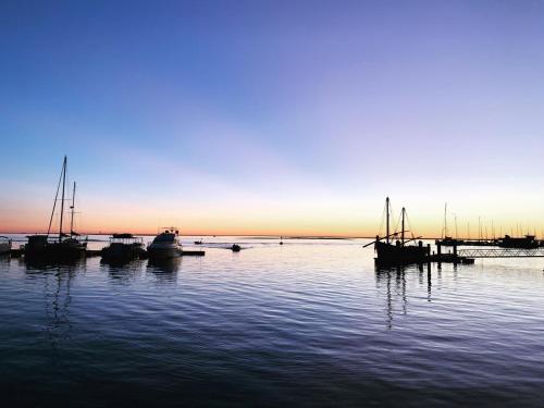 a group of boats sitting in the water at sunset at Casa Almirante Reis - Perfect Location & Rooftop in Olhão