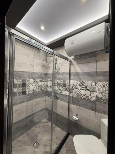 a bathroom with a glass shower with a toilet at Апартаменти в сърцето на парка in Sandanski