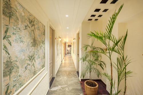a hallway with wallpaper on the walls and plants at Elegance A Boutique Stay in Amritsar