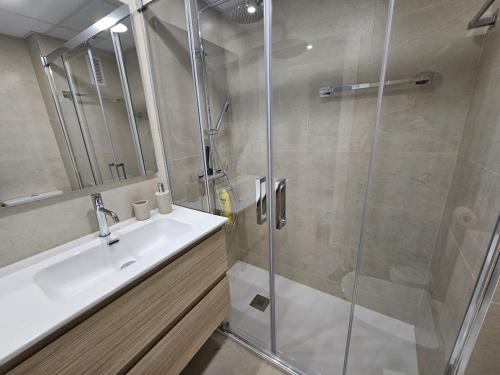 a bathroom with a glass shower and a sink at Apartamento Reyes Católicos in Córdoba