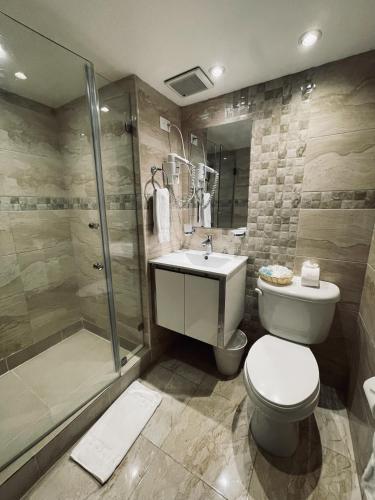 a bathroom with a toilet and a sink and a shower at Napolitano Hotel in Santo Domingo
