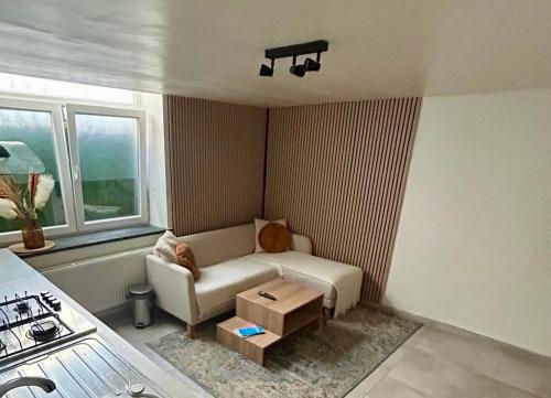 a living room with a couch and a table at Le longue vie in Brussels