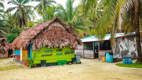 a small building with a thatched roof next to palm trees at Cabaña Romantica en las islas de San blas Chichime in Mamartupo