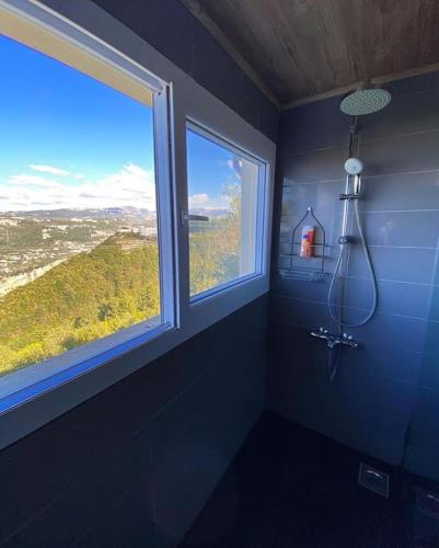 a bathroom with a shower and two windows with a view at Guesthouse in a countryside 