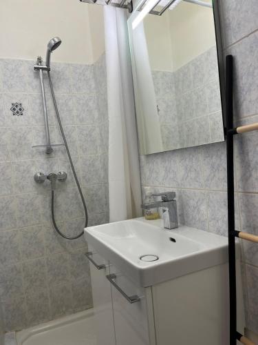 a bathroom with a white sink and a shower at Appartement avec vue mer et plage in Dinard