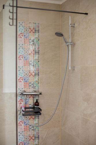 a shower with a mosaic tile wall in a bathroom at Schön hier in Wehr