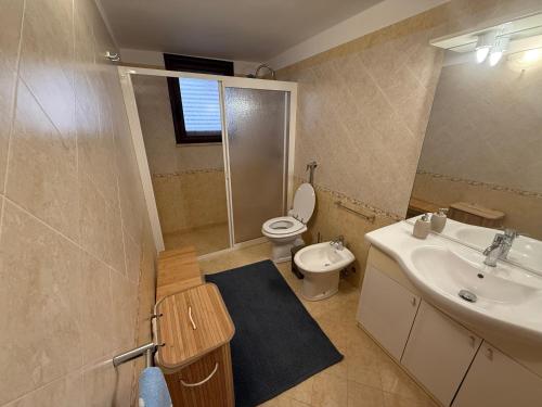 a bathroom with a sink and a toilet and a shower at Villa Sole in Petrosino