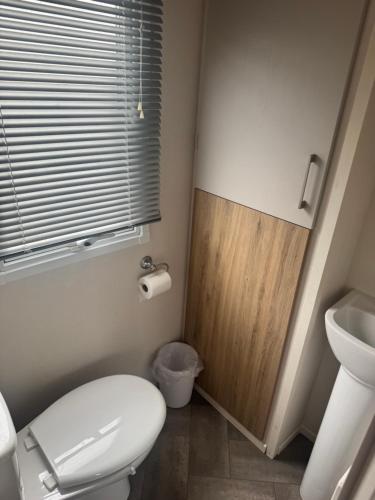 a bathroom with a toilet and a wooden door at Dawbers Retreat in Selsey