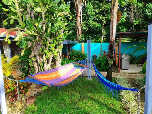 a hammock in a garden next to a tree at Intimate Earthy Vibe - Bedroom in a Tropical Paradise in Herradura