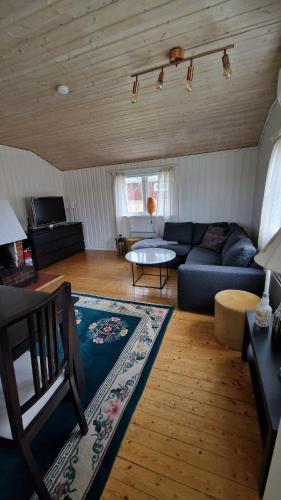 a living room with a couch and a table at Naturnära stuga i Norr Amsberg in Borlänge
