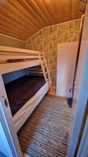 a room with two bunk beds in a room at Naturnära stuga i Norr Amsberg in Borlänge