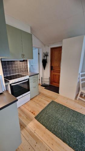 a kitchen with green cabinets and a wooden floor at Naturnära stuga i Norr Amsberg in Borlänge