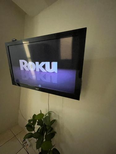 a flat screen tv hanging on a wall with a plant at Habitación Privada No 1 Residencial Villa de las Hadas Zona Sur in Tegucigalpa