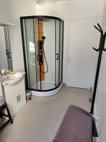 a bathroom with a shower with a sink and a mirror at O'Couvent - Appartement 212 - 1 chambre - 63 m2 - Premier étage in Salins-les-Bains
