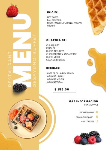 een pagina met een menu voor een restaurant met wafels en bessen bij Hotel Ventanas Al Paraiso in Agua Buena