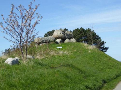 a grassy hill with a statue of two rocks at Charming Fisherman's Cottage - By Traum Ferienwohnungen in Borre