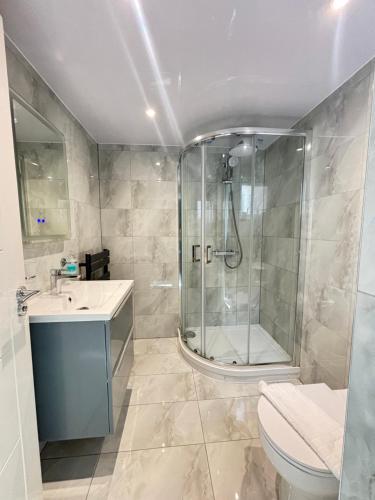 a bathroom with a shower and a toilet and a sink at Exquisite 2 Bedroom Fully Furnished Annex in Bradenham