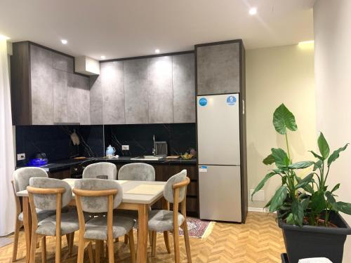 a kitchen with a table and chairs and a refrigerator at Tirana Magnifique Apartments in Tirane