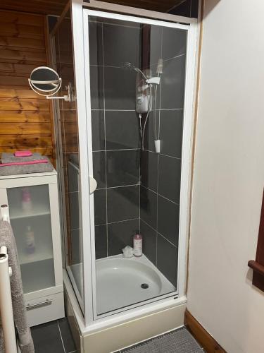 a shower with a glass door in a bathroom at Quirky Cottage Central Bathgate in Bathgate