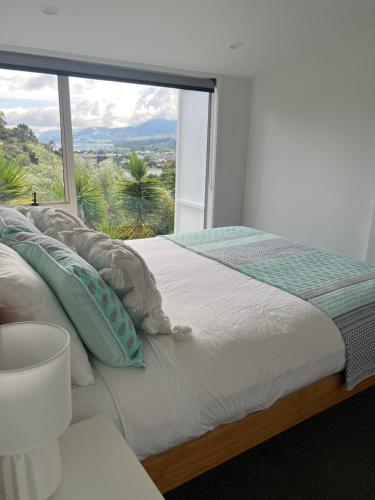 a bedroom with a bed with a large window at Sunny hillside central Nelson hideaway with city to sea views in Nelson