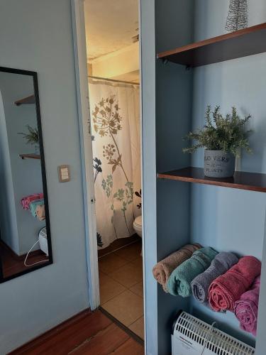 a room with a mirror and a shelf with towels at Never Give Up Suites in Santiago