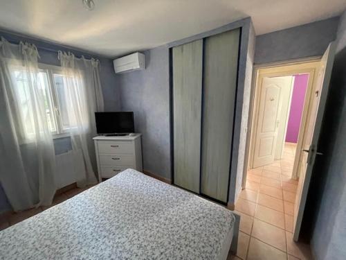 a bedroom with a bed and a tv and a door at Villa in Vidauban with Pool & Vineyards Nearby in Vidauban