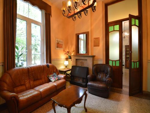a living room with leather furniture and a fireplace at Peaceful Retreat in Ferrières in Ferrières