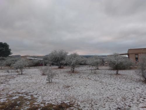 a field covered in snow with trees and a building at Casas de Epoca -Serendipia in Charbonier