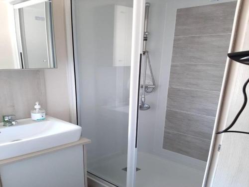 Un baño blanco con lavabo y ducha. en cozy chalet for couples, en Oostkapelle