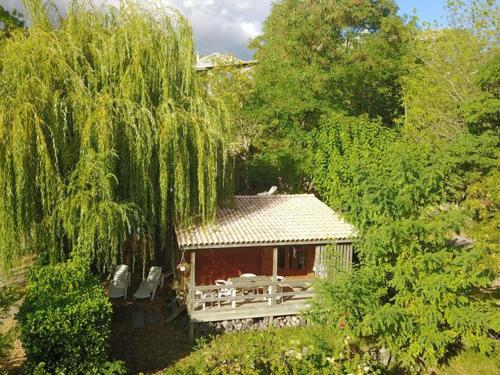eine Hütte mit einem Tisch und Stühlen im Wald in der Unterkunft Chalet avec Terrasse et Salon de Jardin à Darbres - API-1-52-419 in Darbres