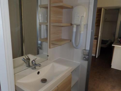 une salle de bain avec un lavabo et un miroir dans l'établissement Mobil home confortable avec terrasse et équipement complet - API-1-52-601, à Limeuil