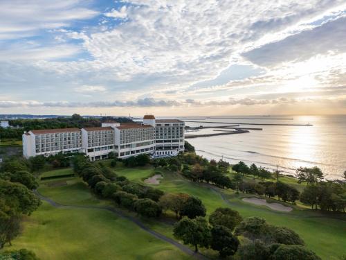 an aerial view of the resort and the water at Onahama Ocean Hotel & Golf Club in Iwaki
