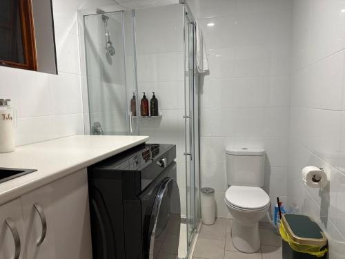 a bathroom with a glass shower and a toilet at 4BR Home 10 mins walk to UOW, free parking, Wi-Fi, AC in Keiraville