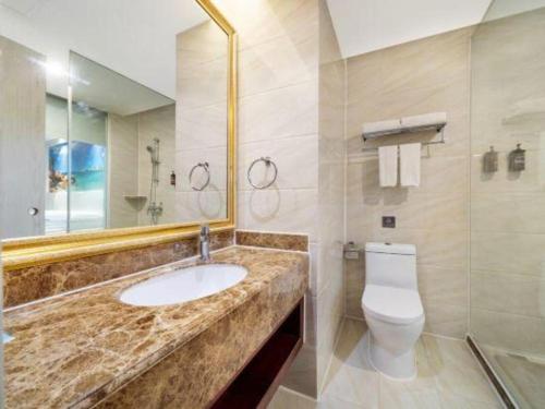 a bathroom with a sink and a toilet and a mirror at Vienna Hotel Guiyang Jiaxiulou Jichang Road in Guiyang
