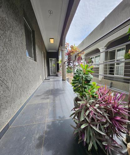 a hallway of a building with plants on the side at Appartement red, classique et harmonieuse in Lomé