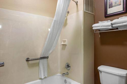 a bathroom with a toilet and a shower with a shower curtain at Comfort Suites The Colony - Plano West in The Colony